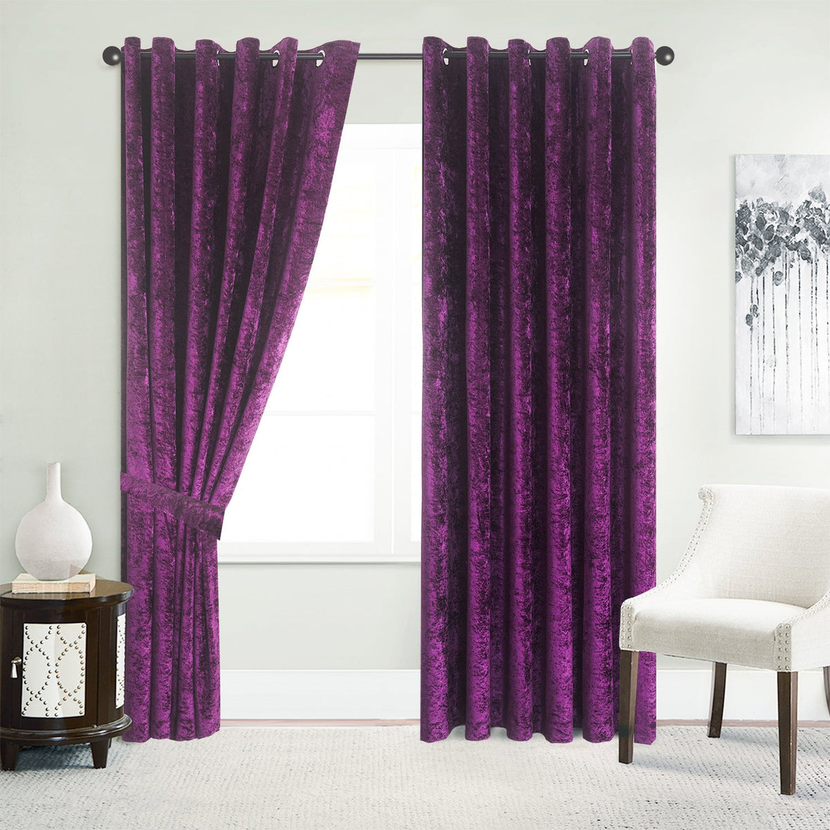Luxury Crushed Velvet Eyelet Curtains Pair | Thermal Textured Window Curtains for Living Room & Bedroom