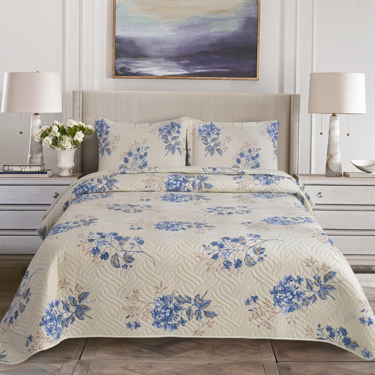 3 Piece Luxury Quilted Bedspread Set – Reversible Floral Patchwork Bedspread with Pillow Shams | Soft Microfibre Bed Throw for Double & King Size Beds