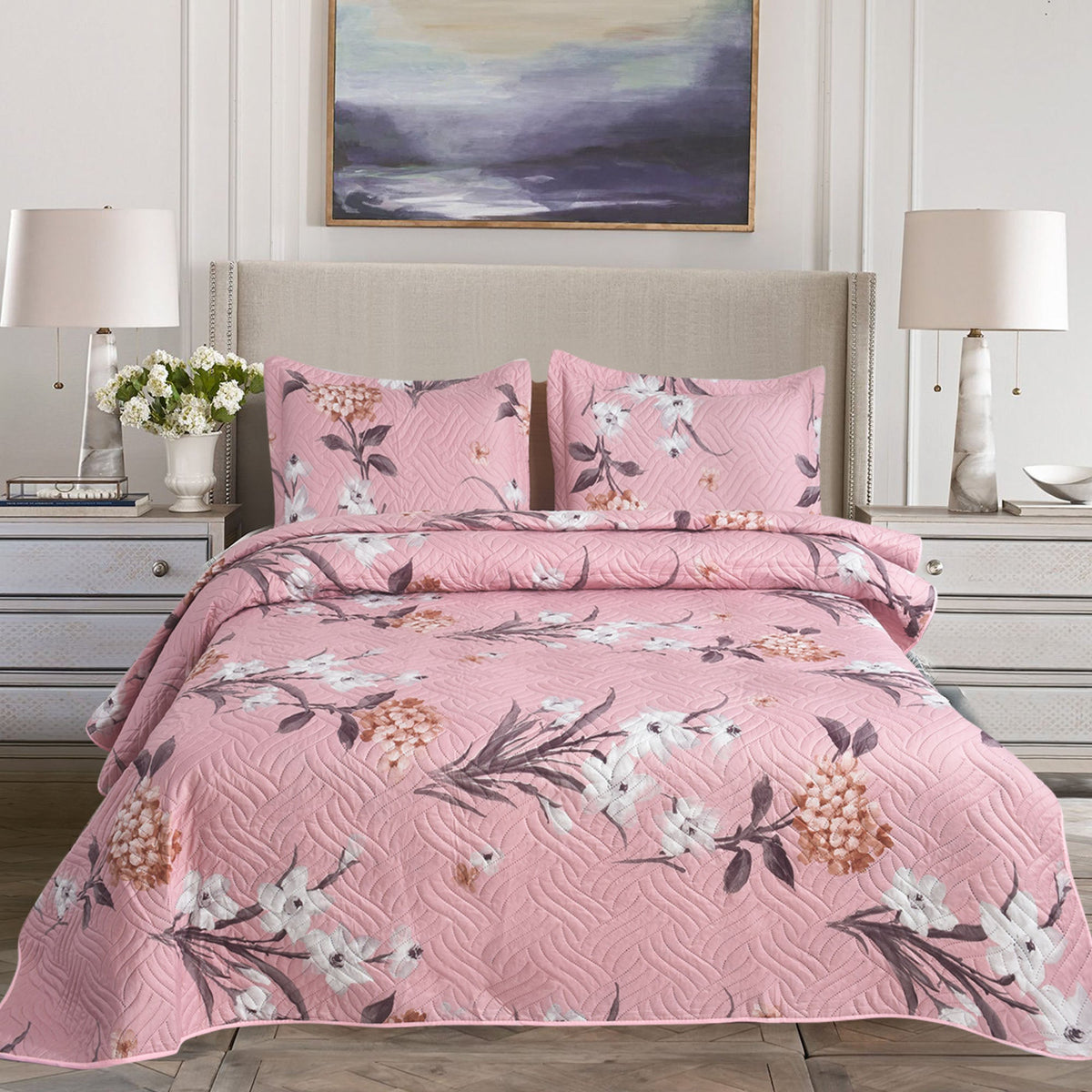 3 Piece Luxury Quilted Bedspread Set – Reversible Floral Patchwork Bedspread with Pillow Shams | Soft Microfibre Bed Throw for Double & King Size Beds