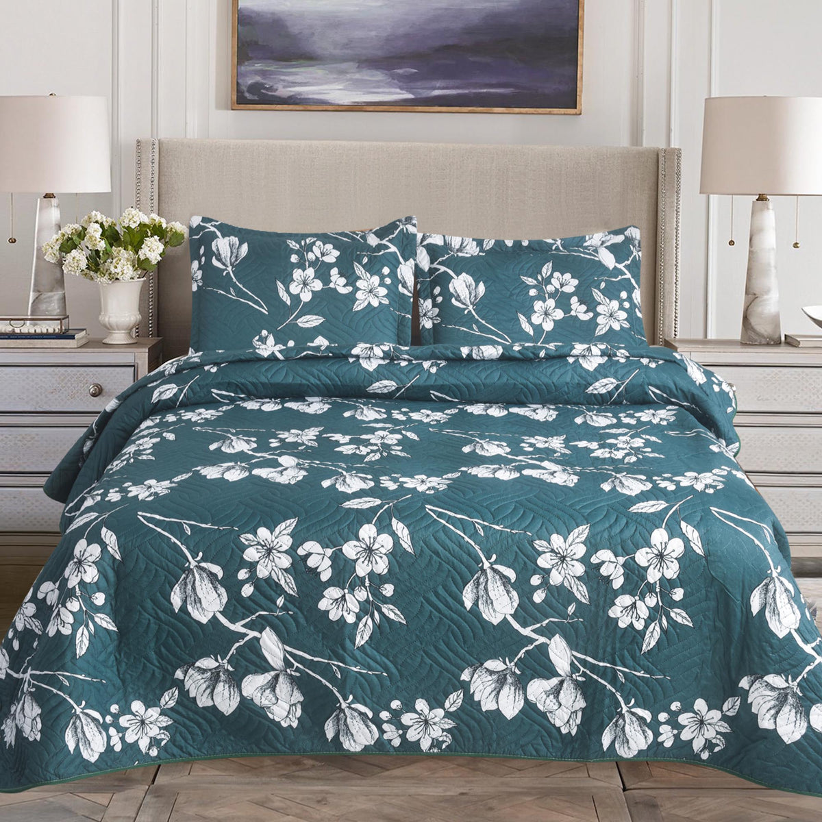 3 Piece Luxury Quilted Bedspread Set – Reversible Floral Patchwork Bedspread with Pillow Shams | Soft Microfibre Bed Throw for Double & King Size Beds