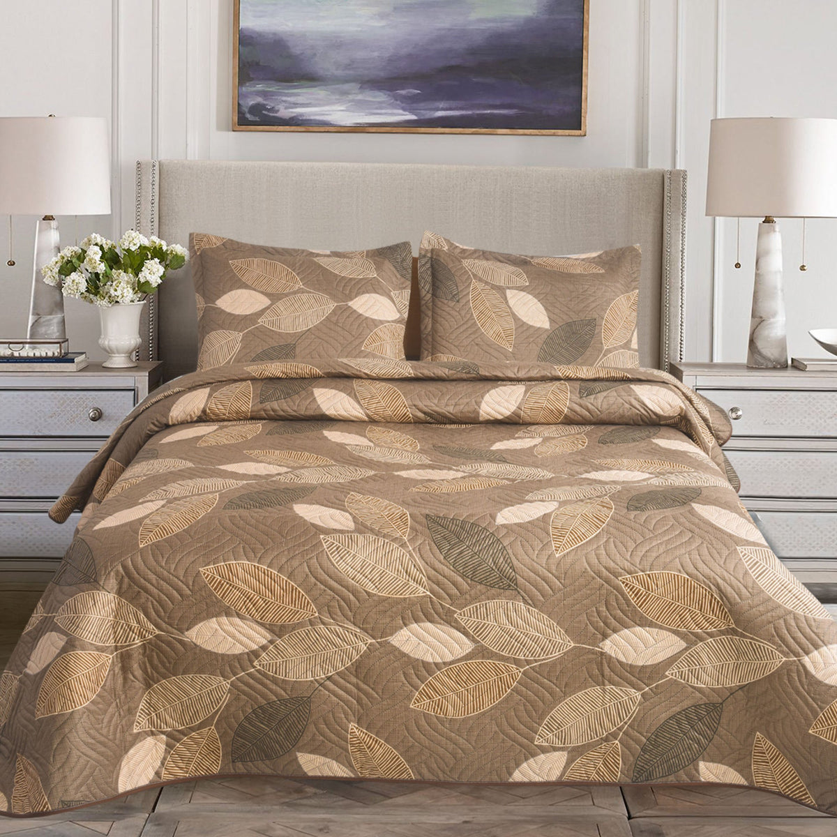 3 Piece Luxury Quilted Bedspread Set – Reversible Floral Patchwork Bedspread with Pillow Shams | Soft Microfibre Bed Throw for Double & King Size Beds