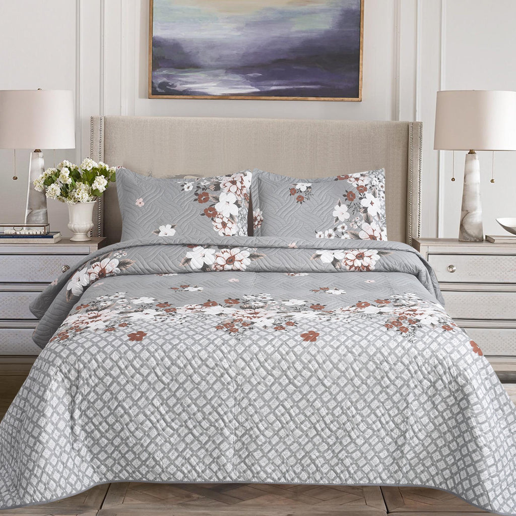 3 Piece Luxury Quilted Bedspread Set – Reversible Floral Patchwork Bedspread with Pillow Shams | Soft Microfibre Bed Throw for Double & King Size Beds