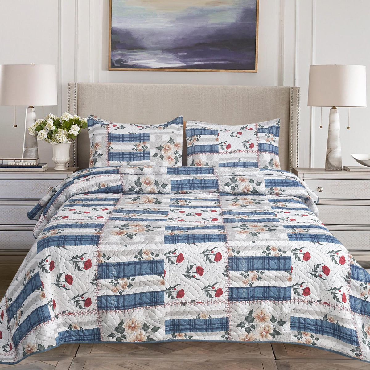 3 Piece Luxury Quilted Bedspread Set – Reversible Floral Patchwork Bedspread with Pillow Shams | Soft Microfibre Bed Throw for Double & King Size Beds