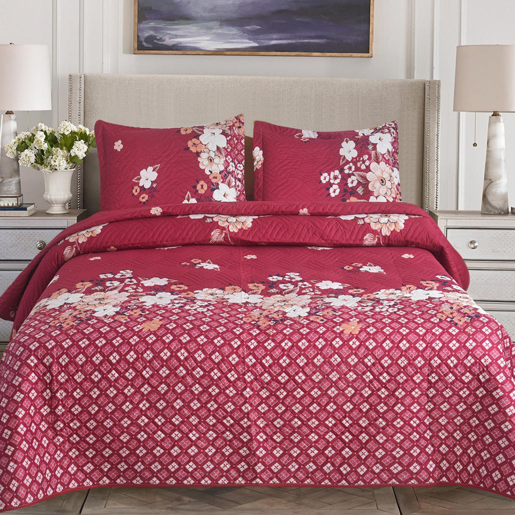 3 Piece Luxury Quilted Bedspread Set – Reversible Floral Patchwork Bedspread with Pillow Shams | Soft Microfibre Bed Throw for Double & King Size Beds