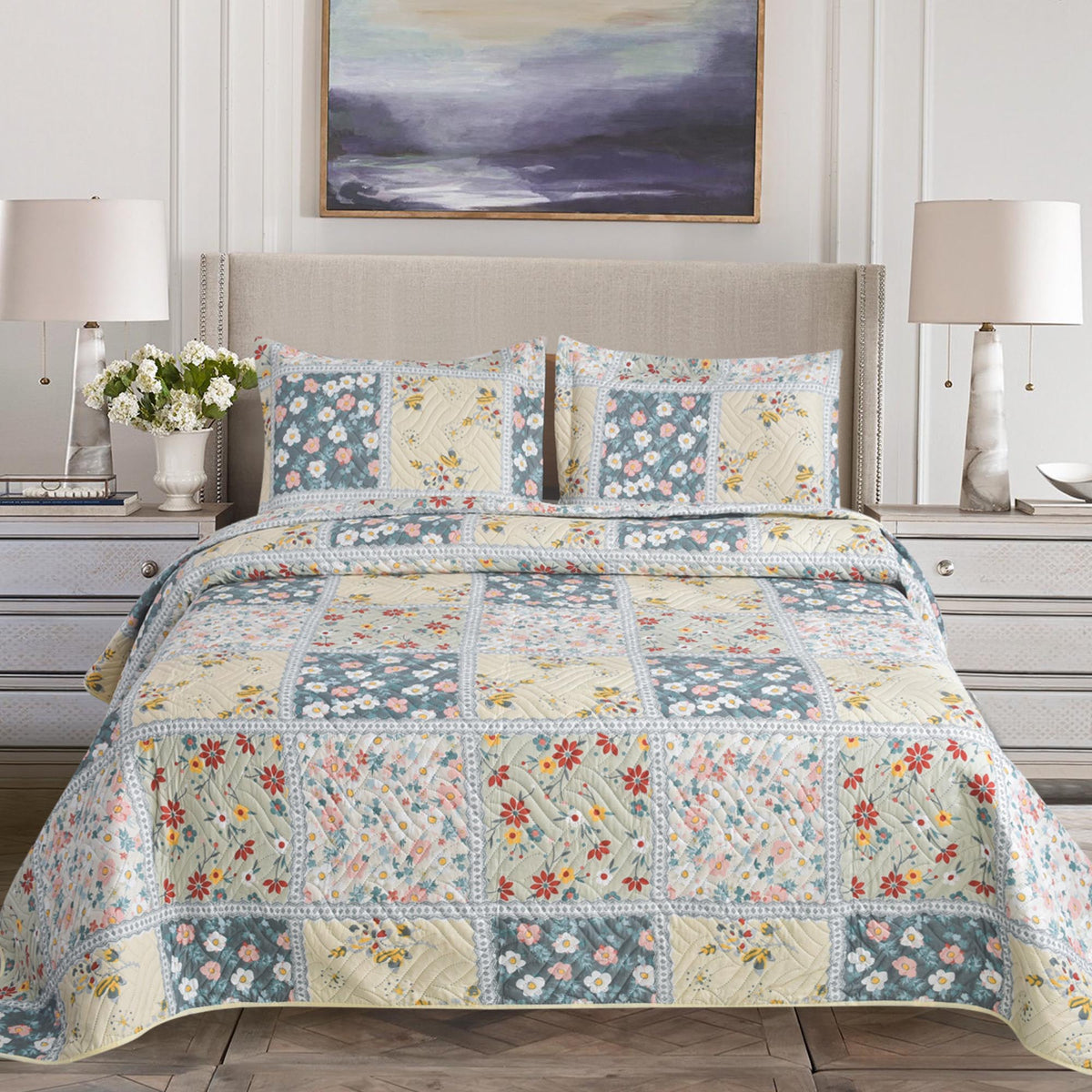 3 Piece Luxury Quilted Bedspread Set – Reversible Floral Patchwork Bedspread with Pillow Shams | Soft Microfibre Bed Throw for Double & King Size Beds