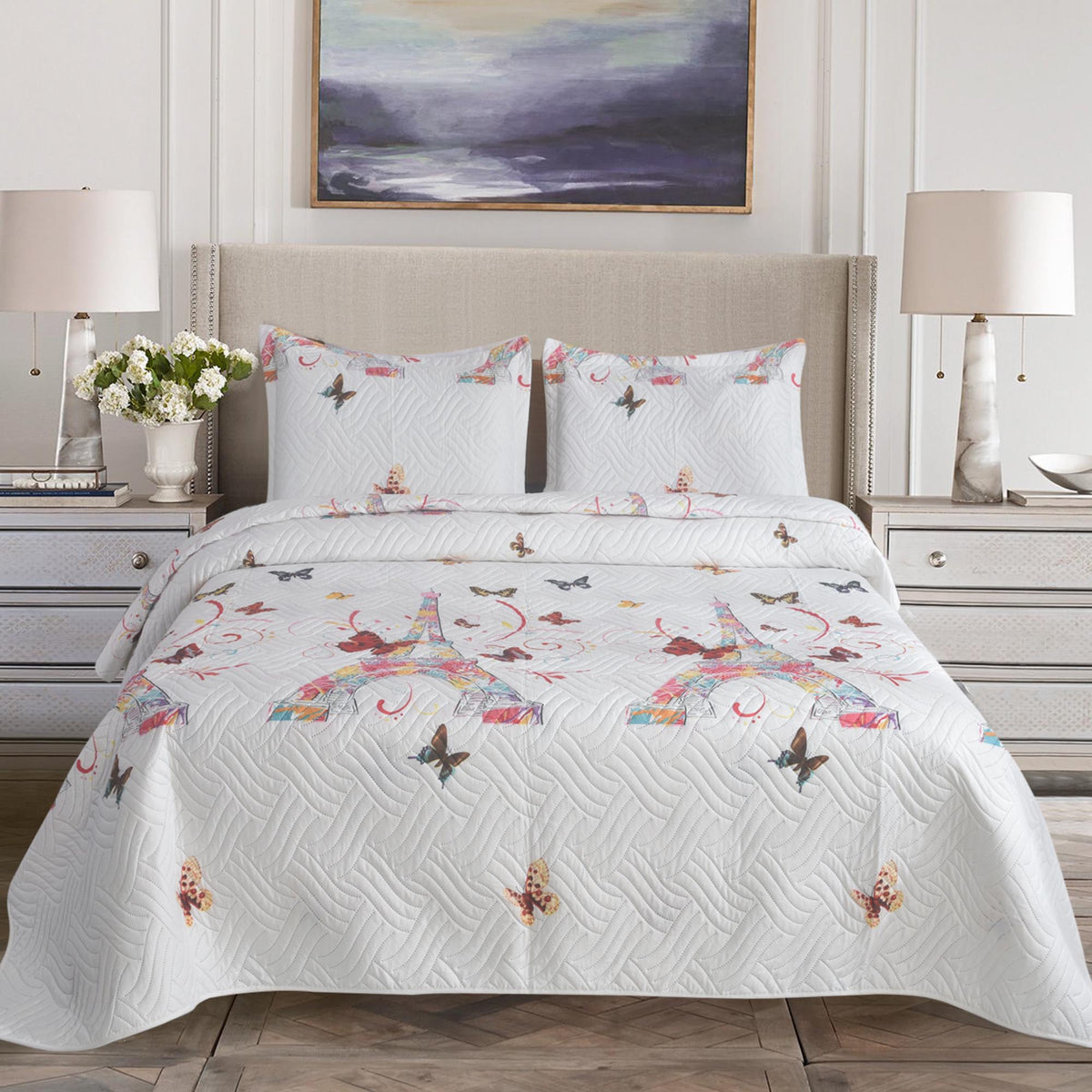 3 Piece Luxury Quilted Bedspread Set – Reversible Floral Patchwork Bedspread with Pillow Shams | Soft Microfibre Bed Throw for Double & King Size Beds