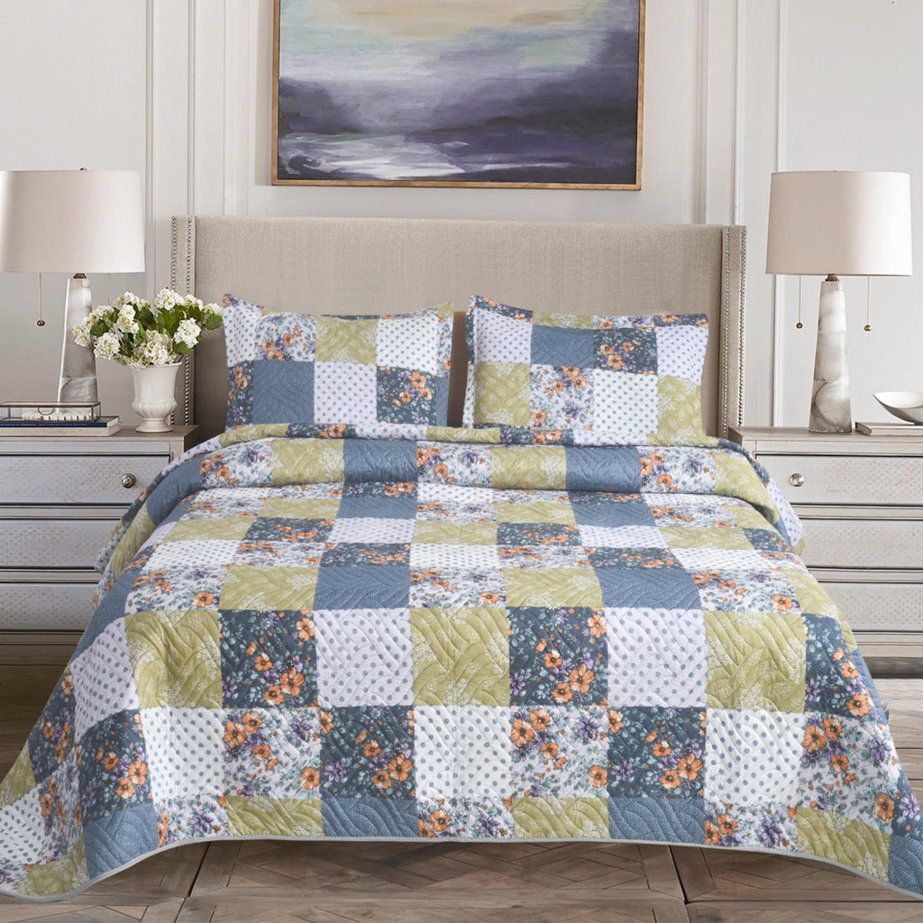 3 Piece Luxury Quilted Bedspread Set – Reversible Floral Patchwork Bedspread with Pillow Shams | Soft Microfibre Bed Throw for Double & King Size Beds