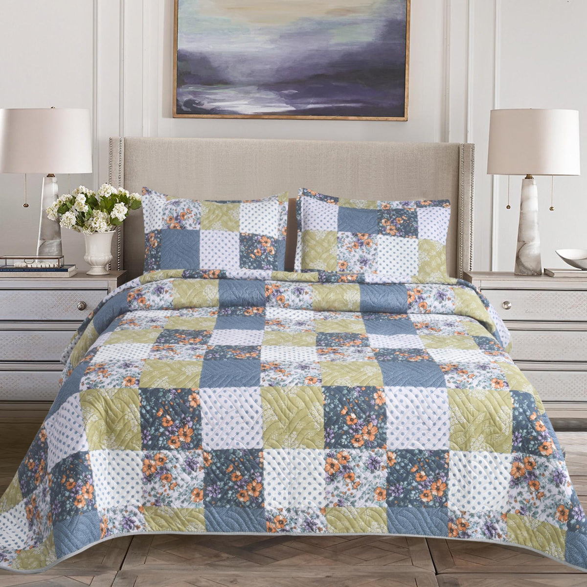 3 Piece Luxury Quilted Bedspread Set – Reversible Floral Patchwork Bedspread with Pillow Shams | Soft Microfibre Bed Throw for Double & King Size Beds
