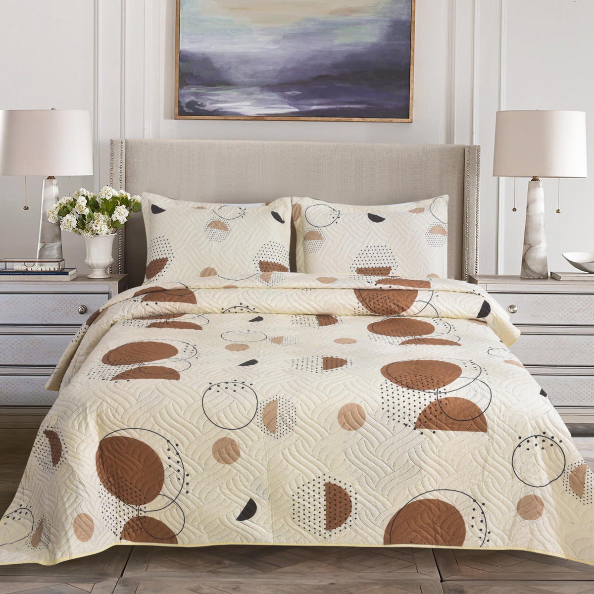 3 Piece Luxury Quilted Bedspread Set – Reversible Floral Patchwork Bedspread with Pillow Shams | Soft Microfibre Bed Throw for Double & King Size Beds