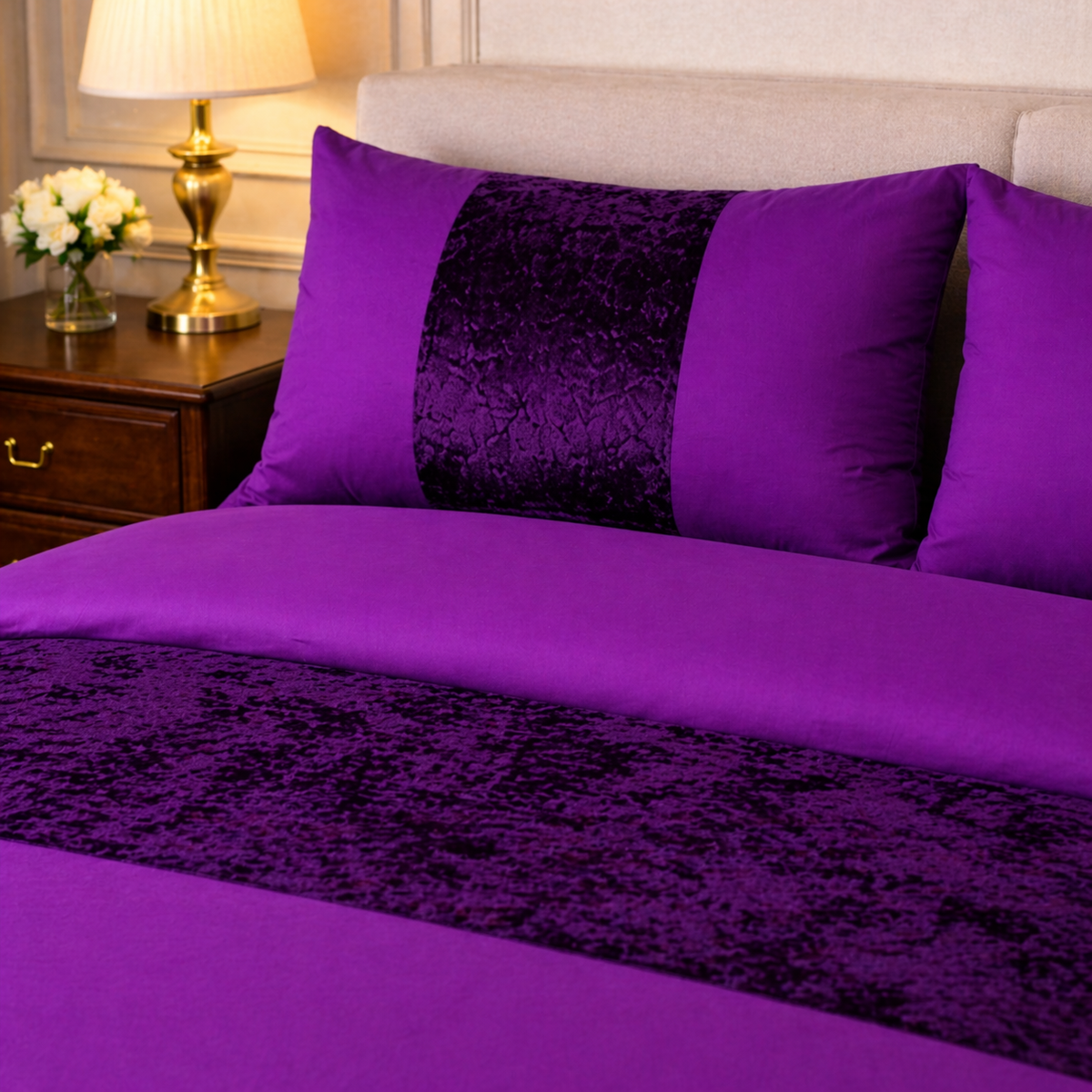 Hadi London Crushed Velvet Panel Duvet Cover Set – Luxury Soft Bedding with Matching Pillowcases