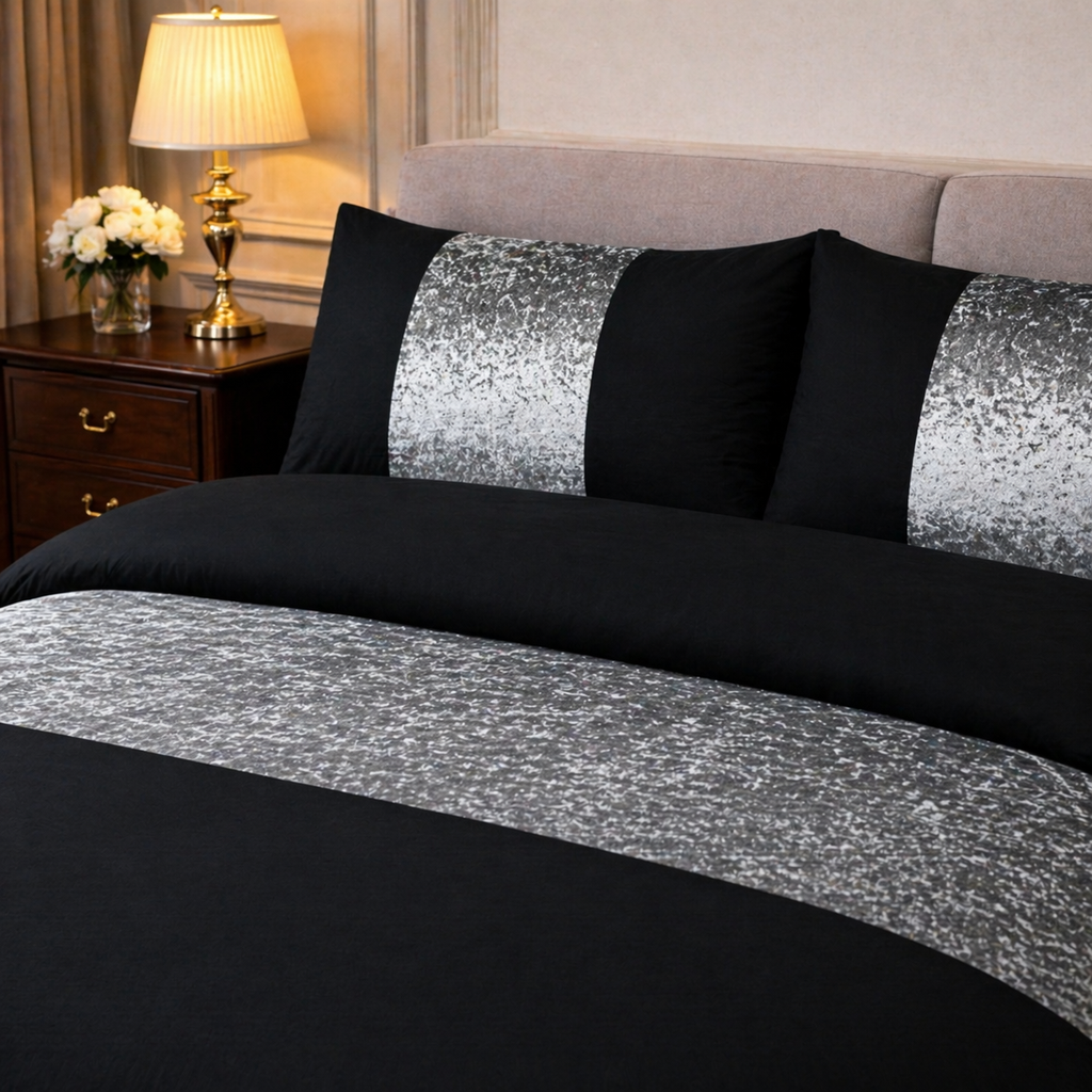Hadi London Crushed Velvet Panel Duvet Cover Set – Luxury Soft Bedding with Matching Pillowcases