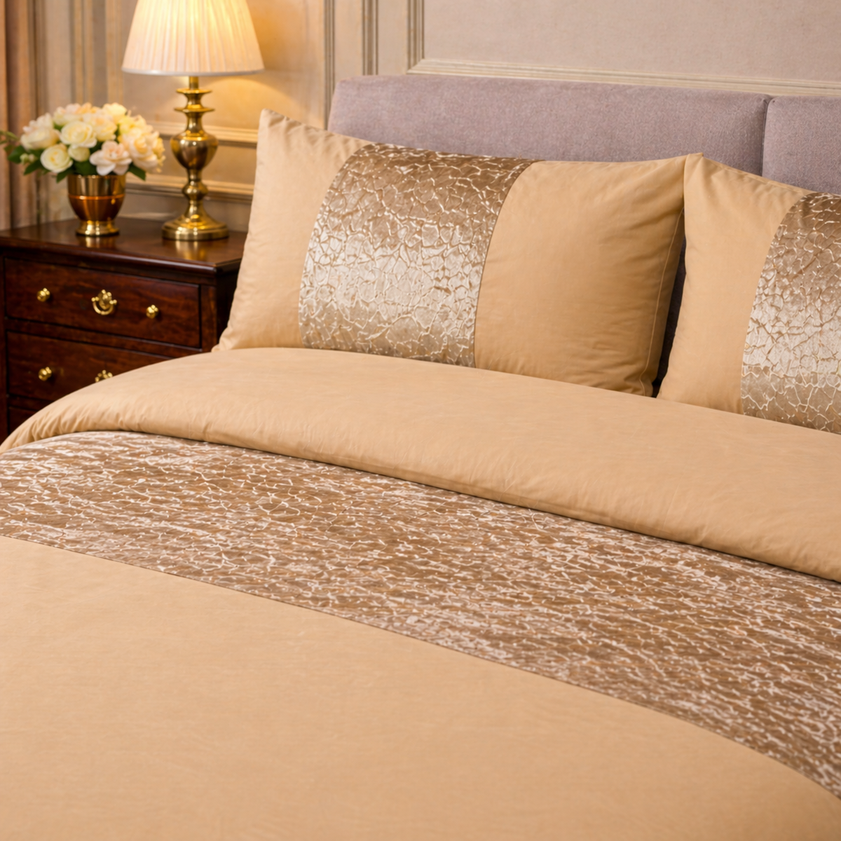 Hadi London Crushed Velvet Panel Duvet Cover Set – Luxury Soft Bedding with Matching Pillowcases
