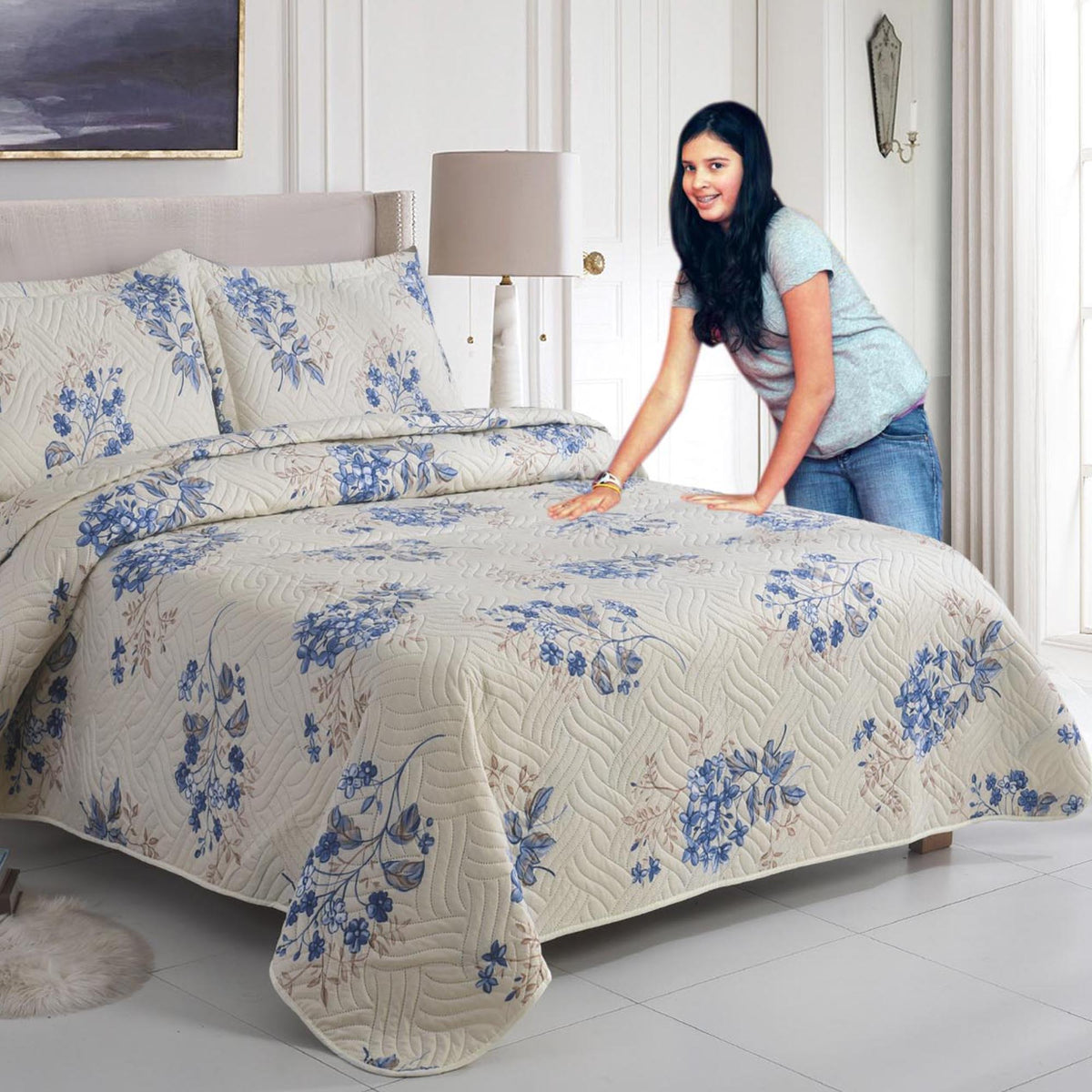 3 Piece Luxury Quilted Bedspread Set – Reversible Floral Patchwork Bedspread with Pillow Shams | Soft Microfibre Bed Throw for Double & King Size Beds
