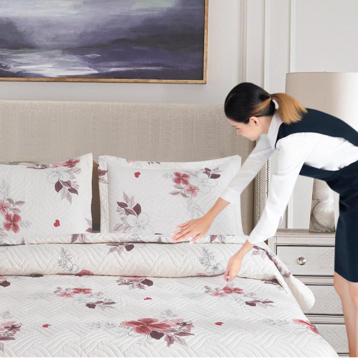 3 Piece Luxury Quilted Bedspread Set – Reversible Floral Patchwork Bedspread with Pillow Shams | Soft Microfibre Bed Throw for Double & King Size Beds