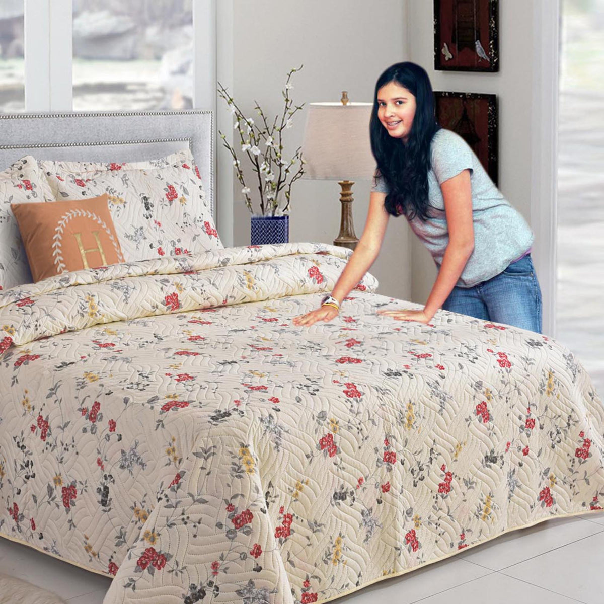 3 Piece Luxury Quilted Bedspread Set – Reversible Floral Patchwork Bedspread with Pillow Shams | Soft Microfibre Bed Throw for Double & King Size Beds