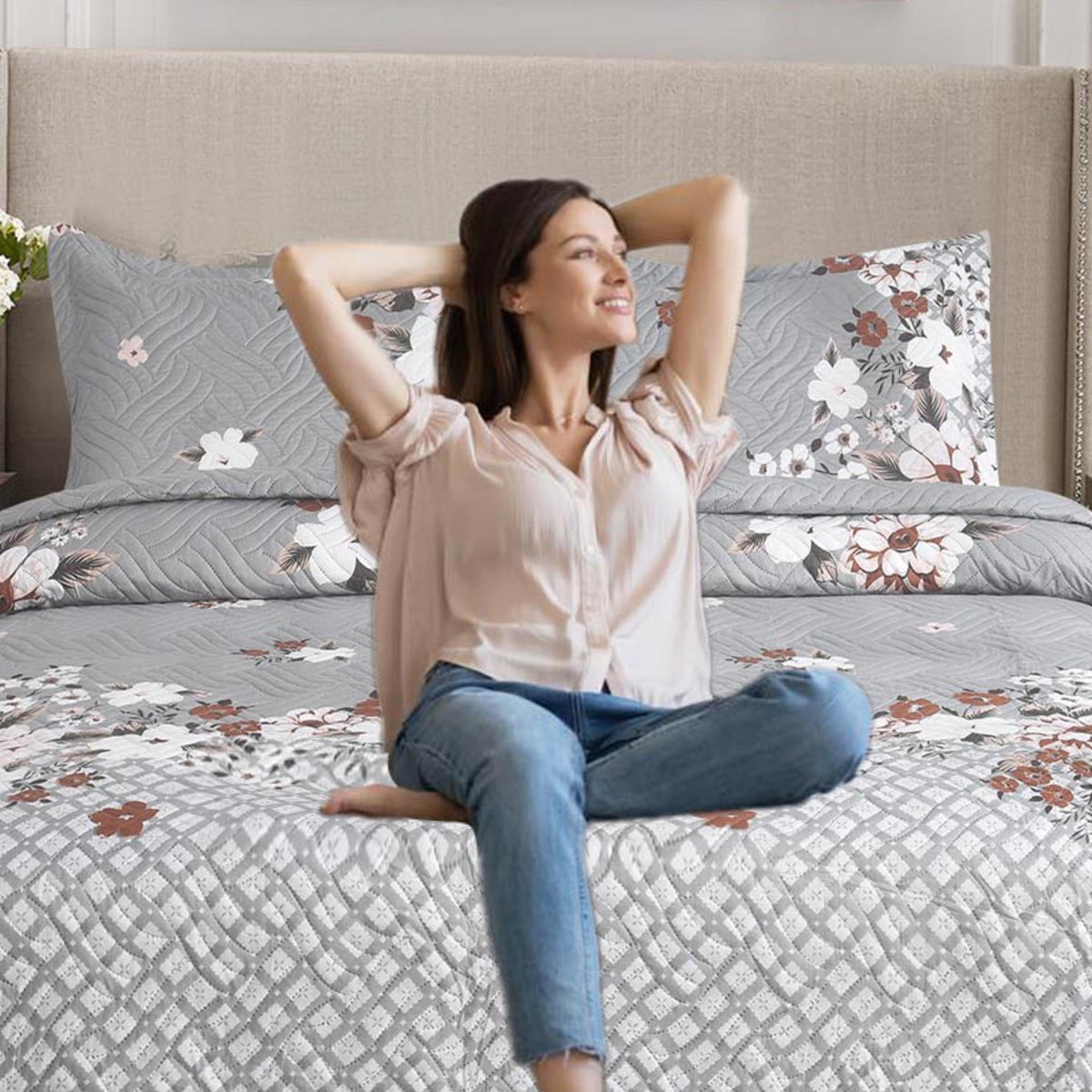 3 Piece Luxury Quilted Bedspread Set – Reversible Floral Patchwork Bedspread with Pillow Shams | Soft Microfibre Bed Throw for Double & King Size Beds