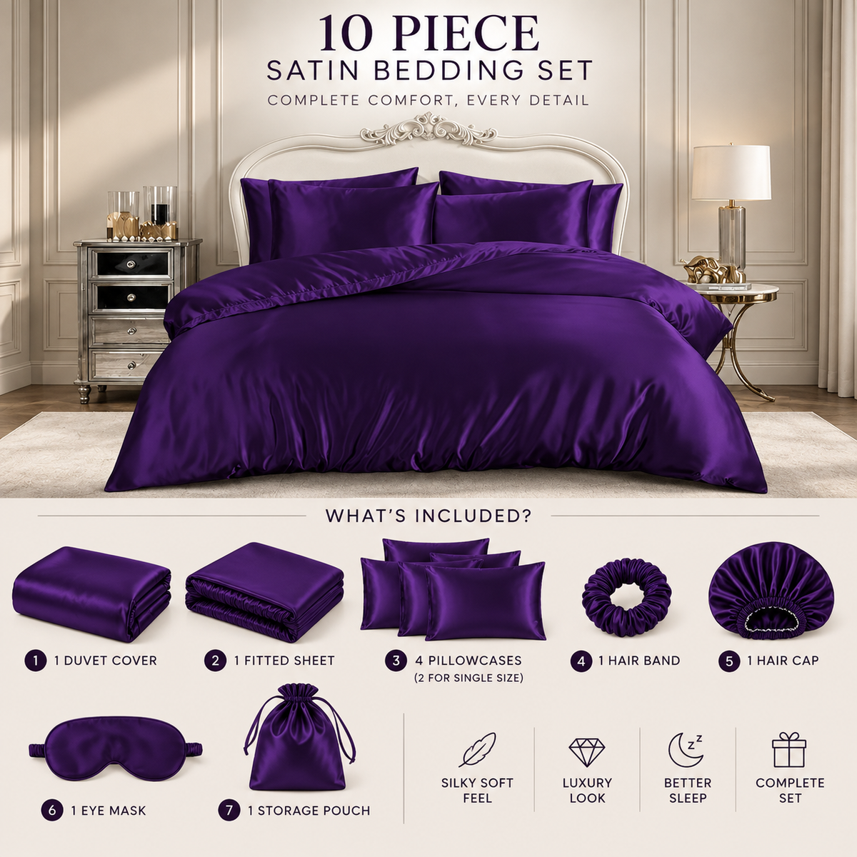 Hadi London Luxury 10 Piece Satin Bedding Set – Silky Duvet Cover, Sheet, Pillowcases & Beauty Sleep Accessories