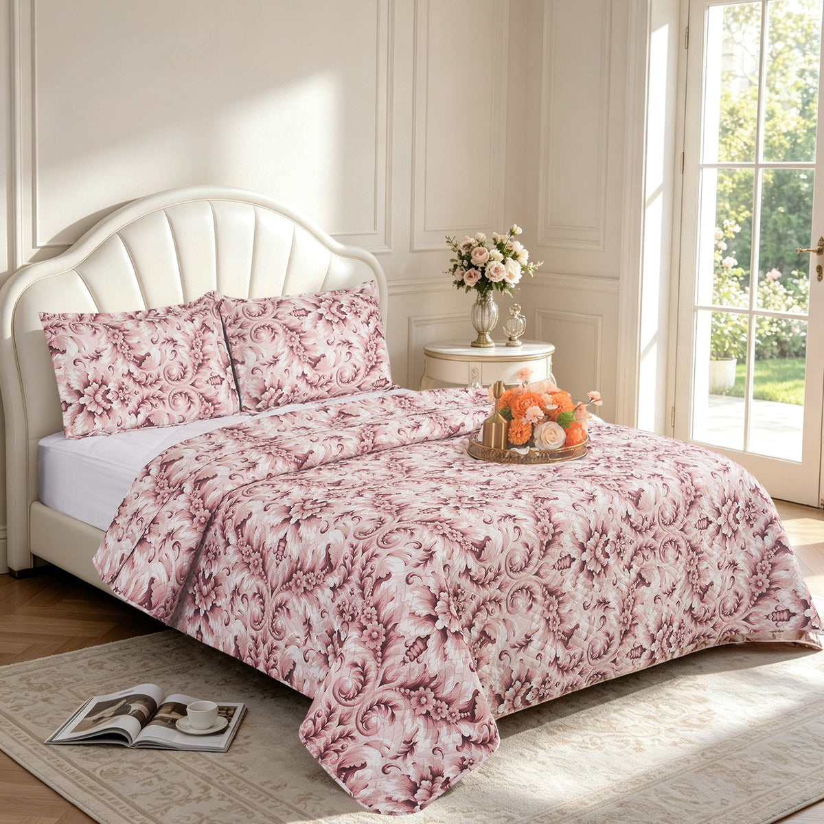 3 Piece Luxury Quilted Bedspread Set – Reversible Floral Patchwork Bedspread with Pillow Shams | Soft Microfibre Bed Throw for Double & King Size Beds