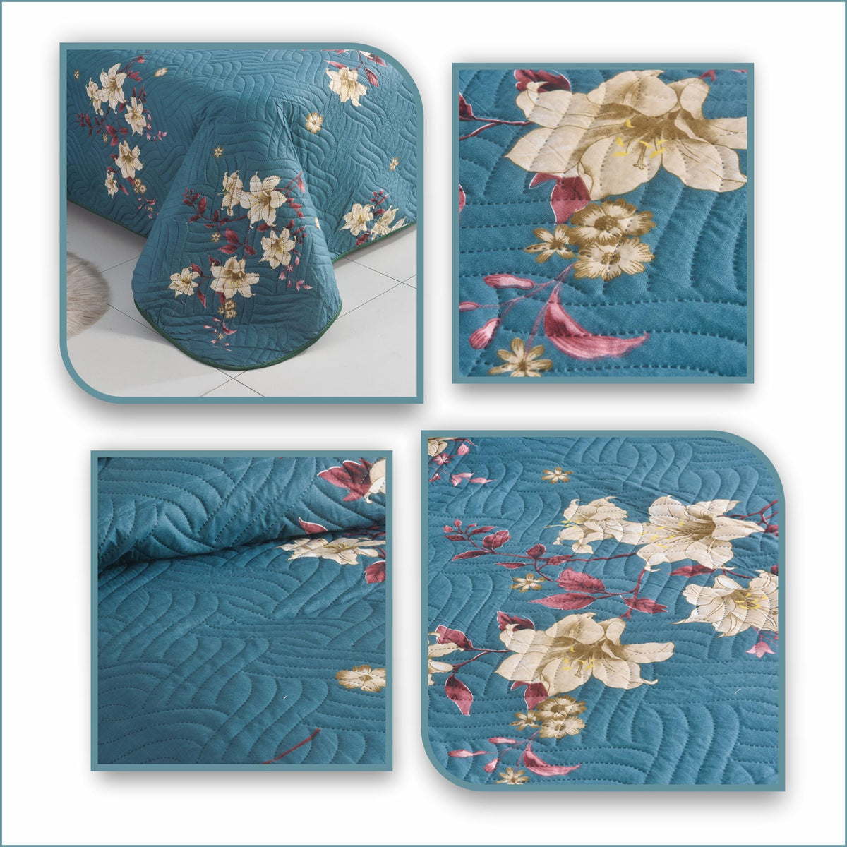 3 Piece Luxury Quilted Bedspread Set – Reversible Floral Patchwork Bedspread with Pillow Shams | Soft Microfibre Bed Throw for Double & King Size Beds