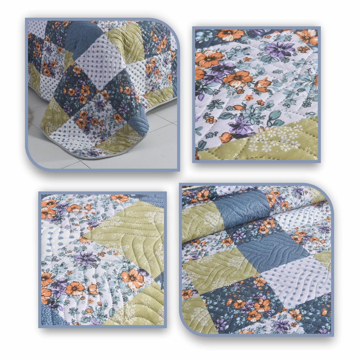 3 Piece Luxury Quilted Bedspread Set – Reversible Floral Patchwork Bedspread with Pillow Shams | Soft Microfibre Bed Throw for Double & King Size Beds