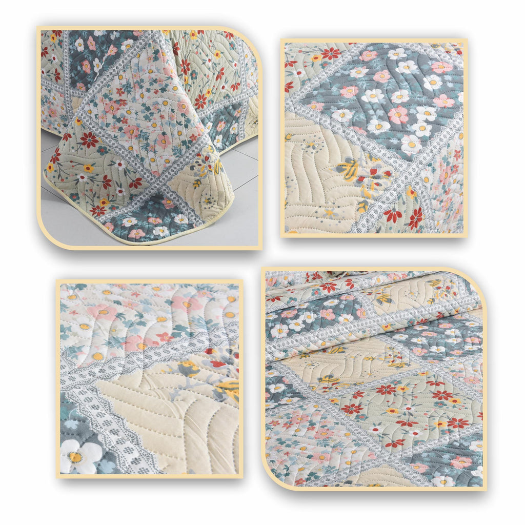 3 Piece Luxury Quilted Bedspread Set – Reversible Floral Patchwork Bedspread with Pillow Shams | Soft Microfibre Bed Throw for Double & King Size Beds
