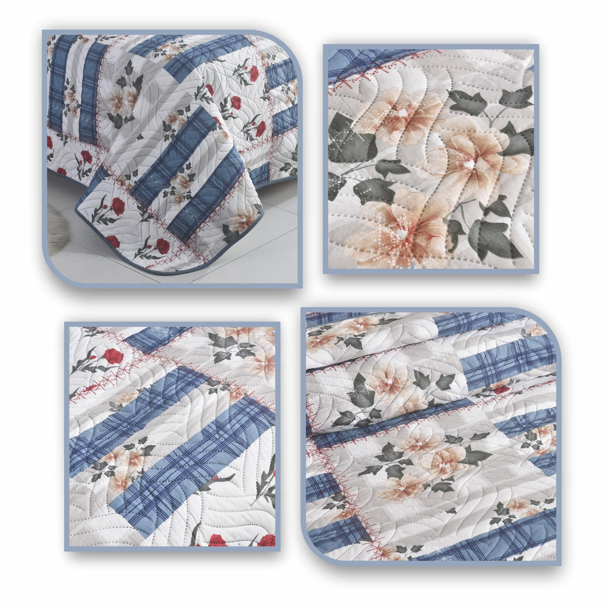 3 Piece Luxury Quilted Bedspread Set – Reversible Floral Patchwork Bedspread with Pillow Shams | Soft Microfibre Bed Throw for Double & King Size Beds