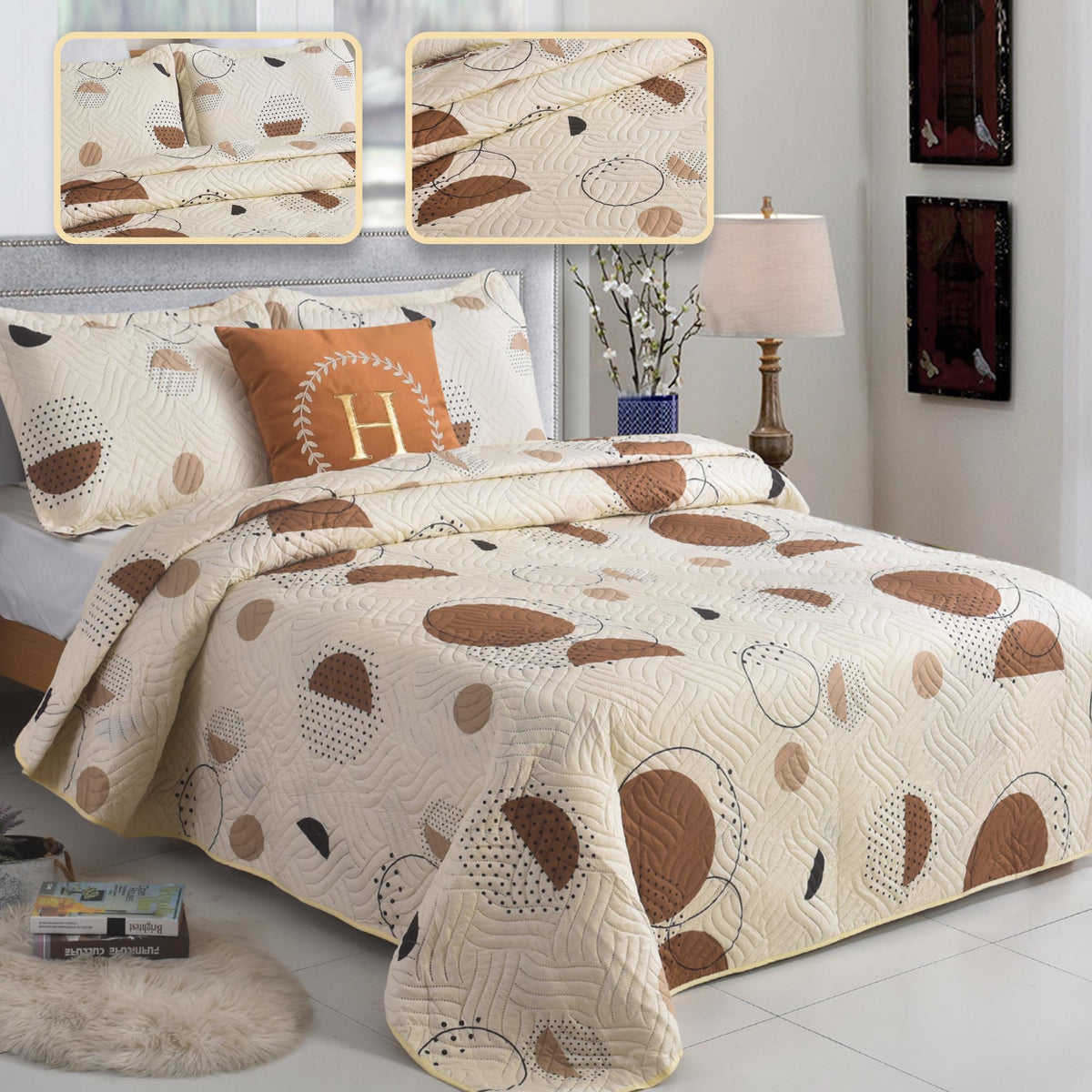3 Piece Luxury Quilted Bedspread Set – Reversible Floral Patchwork Bedspread with Pillow Shams | Soft Microfibre Bed Throw for Double & King Size Beds