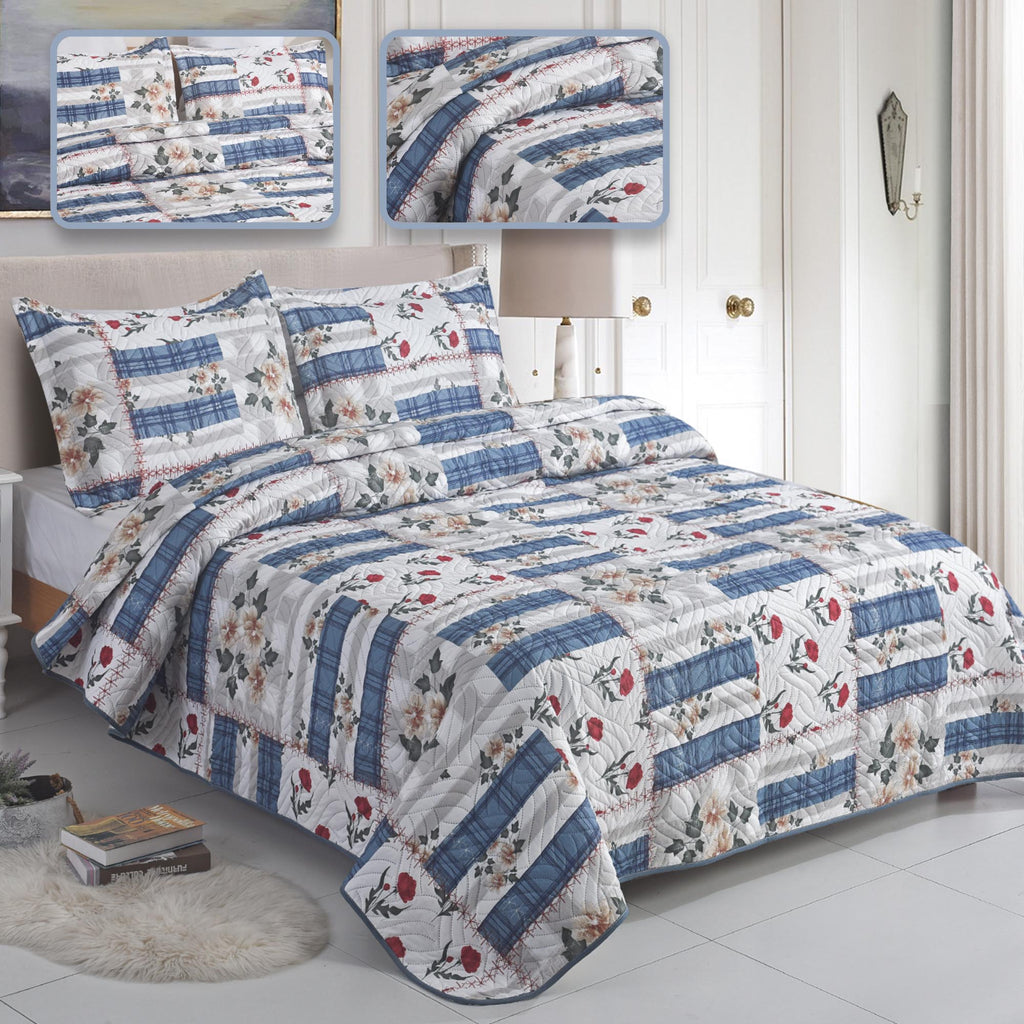 3 Piece Luxury Quilted Bedspread Set – Reversible Floral Patchwork Bedspread with Pillow Shams | Soft Microfibre Bed Throw for Double & King Size Beds