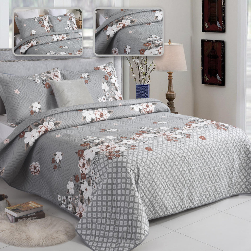 3 Piece Luxury Quilted Bedspread Set – Reversible Floral Patchwork Bedspread with Pillow Shams | Soft Microfibre Bed Throw for Double & King Size Beds