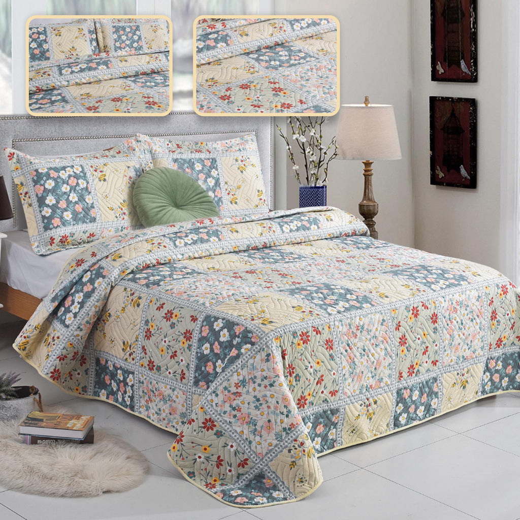 3 Piece Luxury Quilted Bedspread Set – Reversible Floral Patchwork Bedspread with Pillow Shams | Soft Microfibre Bed Throw for Double & King Size Beds