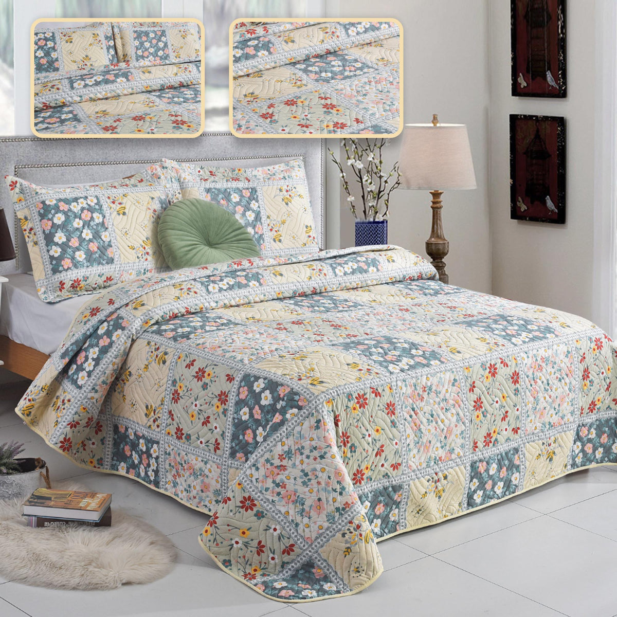 3 Piece Luxury Quilted Bedspread Set – Reversible Floral Patchwork Bedspread with Pillow Shams | Soft Microfibre Bed Throw for Double & King Size Beds
