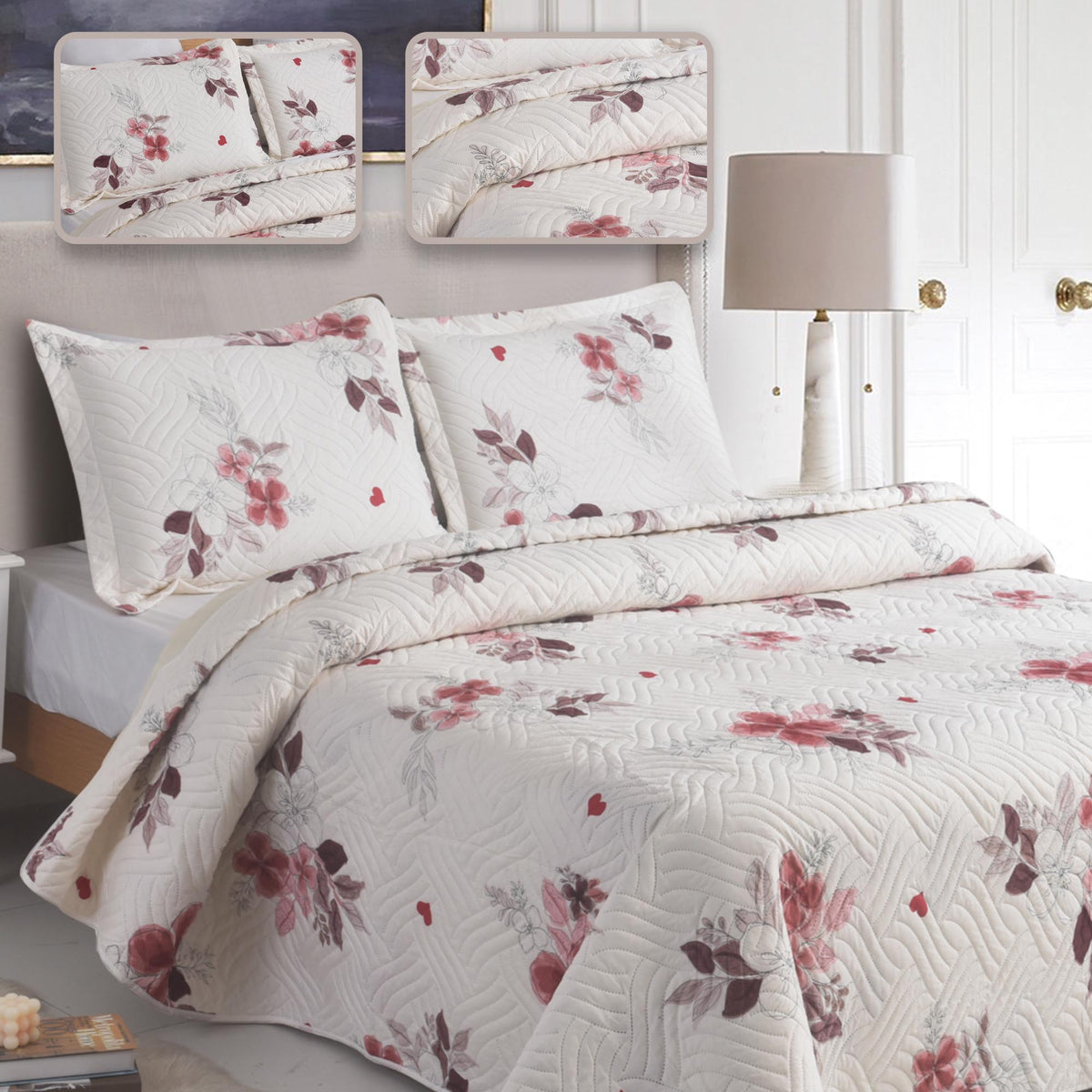 3 Piece Luxury Quilted Bedspread Set – Reversible Floral Patchwork Bedspread with Pillow Shams | Soft Microfibre Bed Throw for Double & King Size Beds