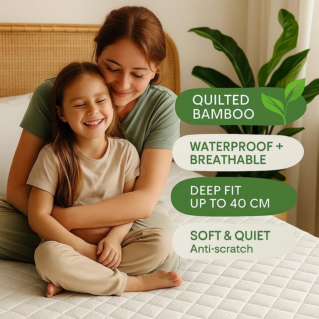 HADI LONDON Quilted Bamboo Waterproof Mattress Protector – 40cm Deep Fitted, Breathable & Silent | Single Double King Super King