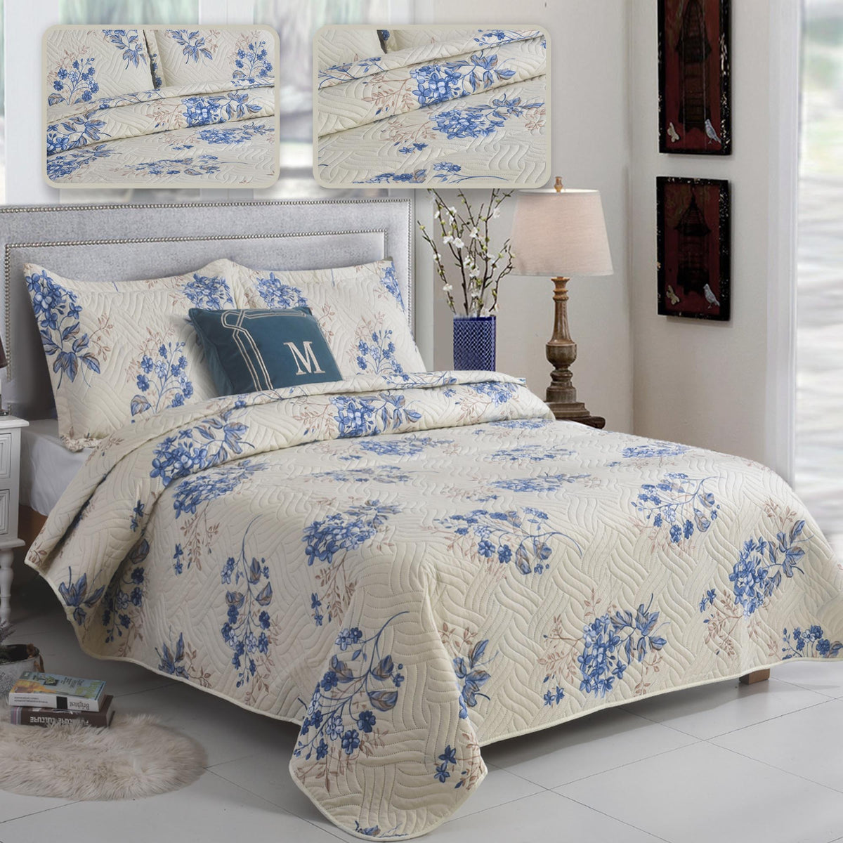 3 Piece Luxury Quilted Bedspread Set – Reversible Floral Patchwork Bedspread with Pillow Shams | Soft Microfibre Bed Throw for Double & King Size Beds