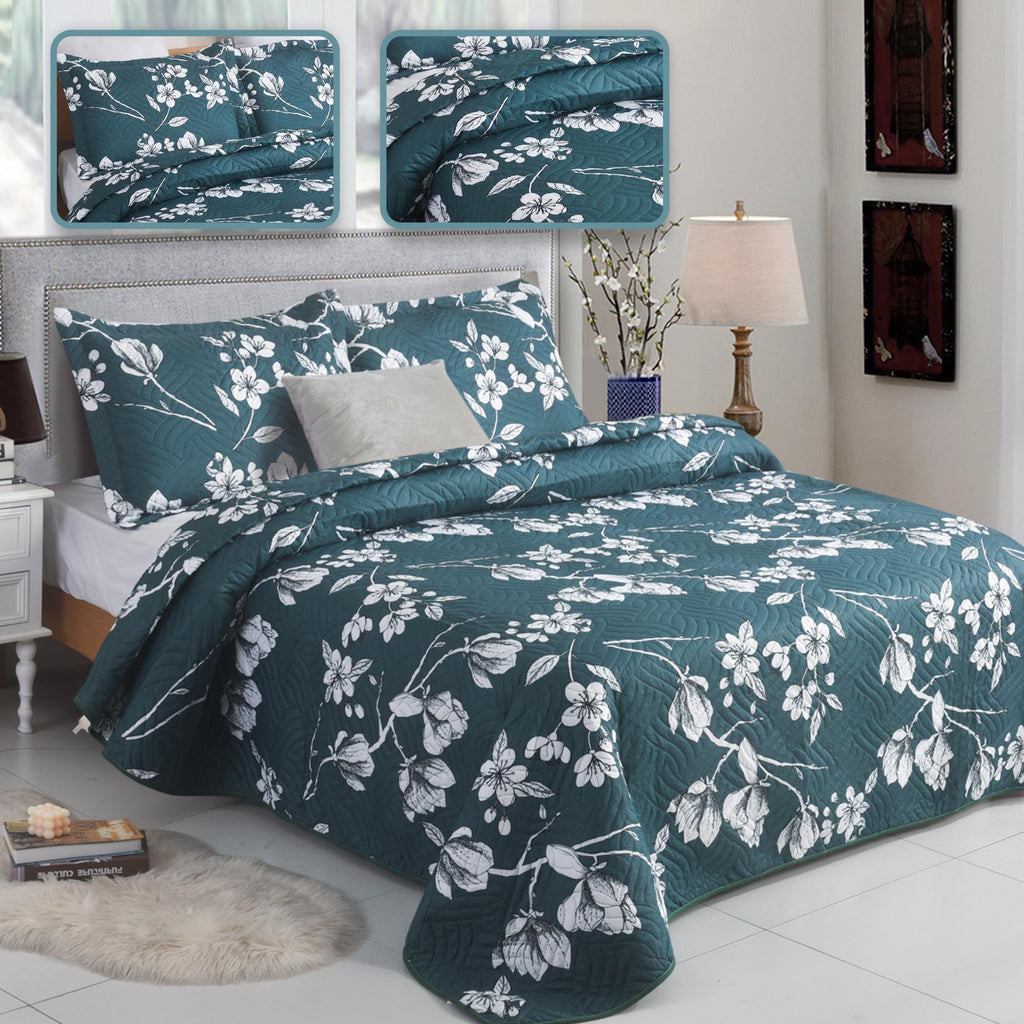 3 Piece Luxury Quilted Bedspread Set – Reversible Floral Patchwork Bedspread with Pillow Shams | Soft Microfibre Bed Throw for Double & King Size Beds