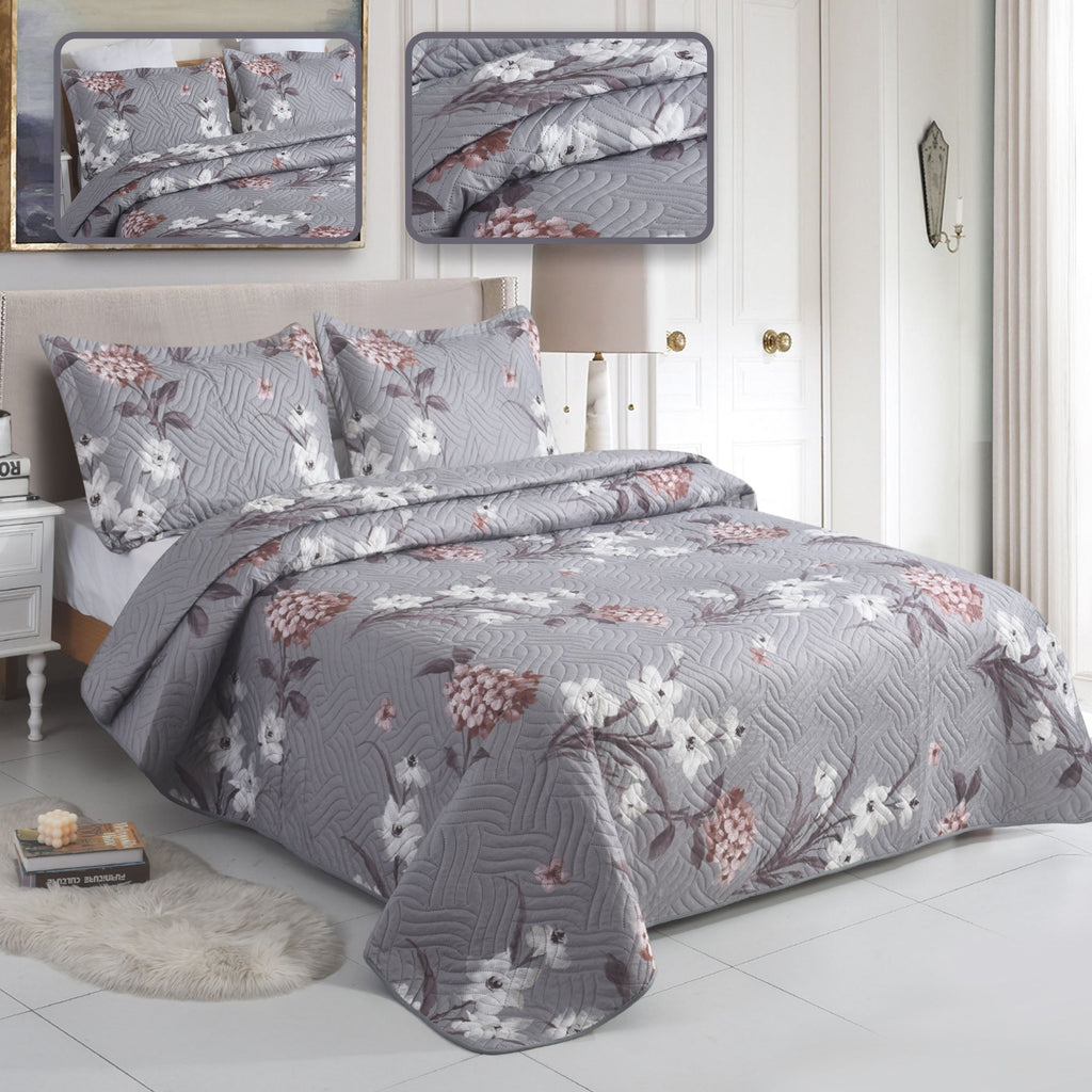 3 Piece Luxury Quilted Bedspread Set – Reversible Floral Patchwork Bedspread with Pillow Shams | Soft Microfibre Bed Throw for Double & King Size Beds