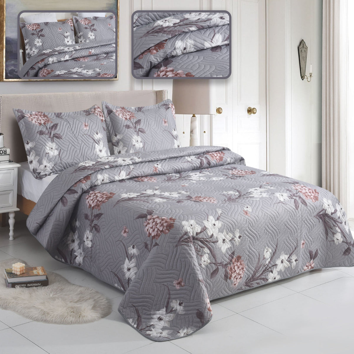 3 Piece Luxury Quilted Bedspread Set – Reversible Floral Patchwork Bedspread with Pillow Shams | Soft Microfibre Bed Throw for Double & King Size Beds
