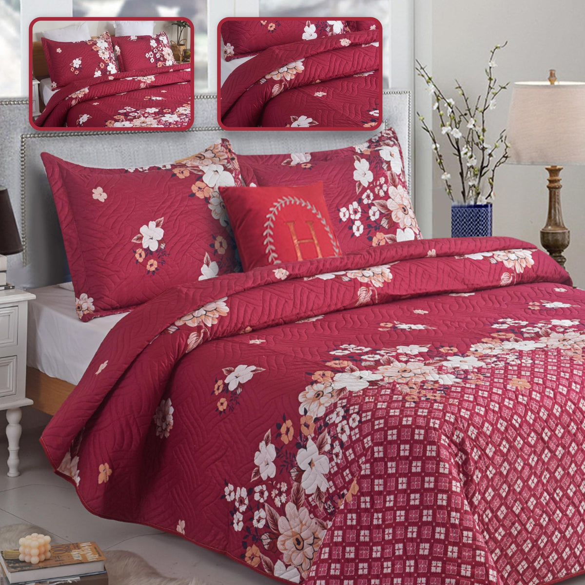 3 Piece Luxury Quilted Bedspread Set – Reversible Floral Patchwork Bedspread with Pillow Shams | Soft Microfibre Bed Throw for Double & King Size Beds