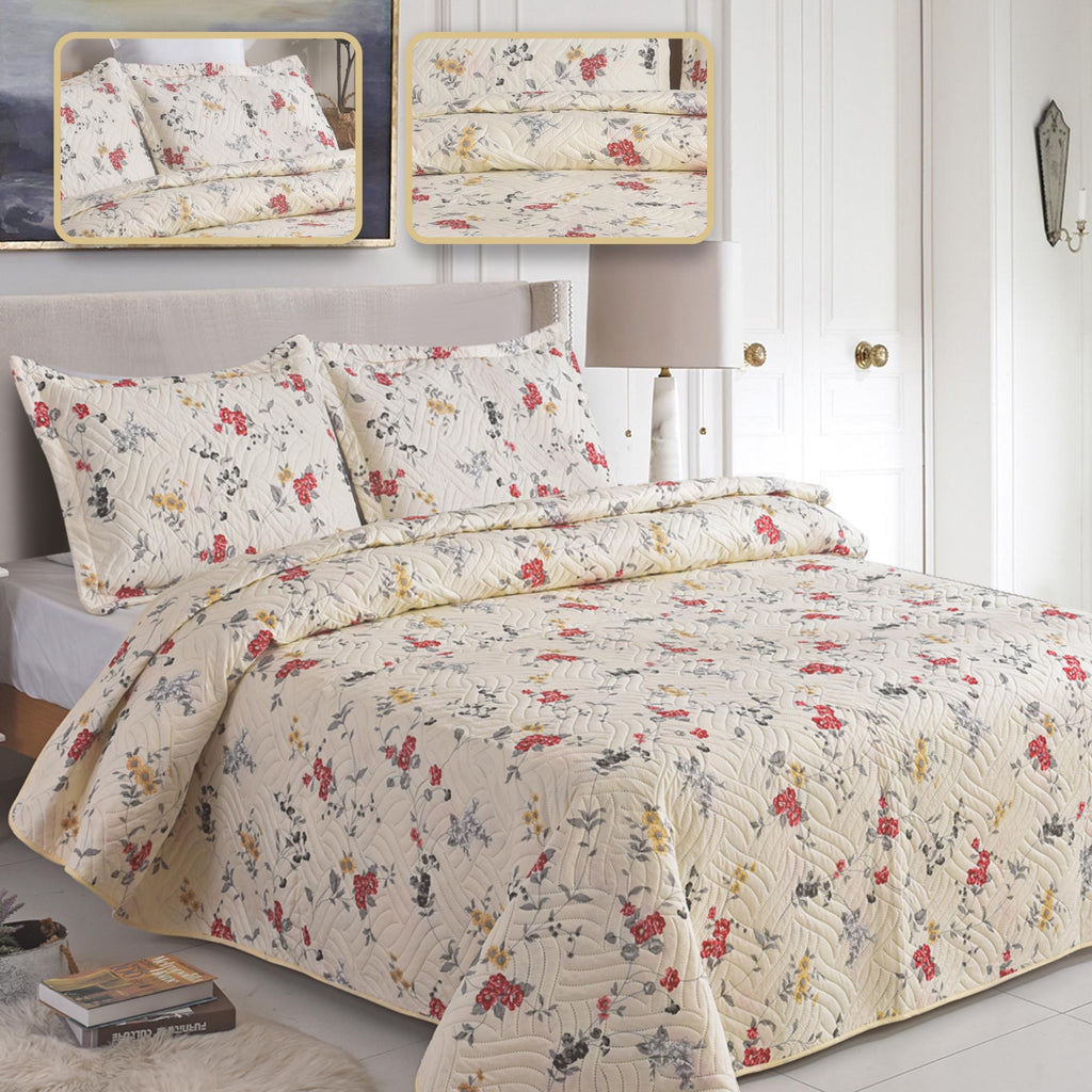 3 Piece Luxury Quilted Bedspread Set – Reversible Floral Patchwork Bedspread with Pillow Shams | Soft Microfibre Bed Throw for Double & King Size Beds