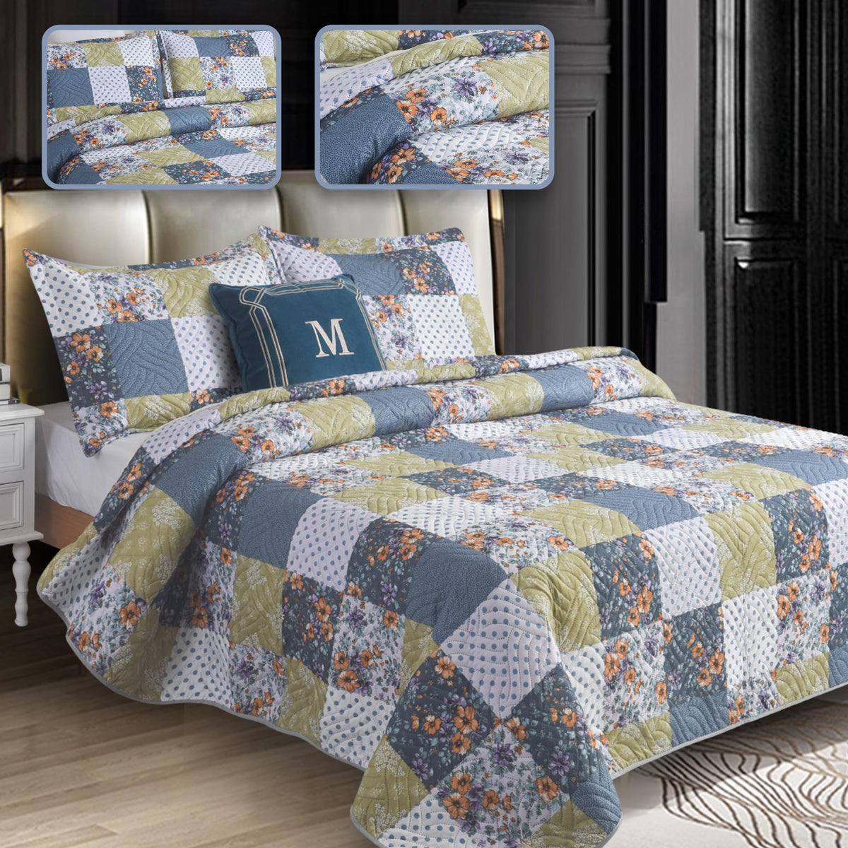 3 Piece Luxury Quilted Bedspread Set – Reversible Floral Patchwork Bedspread with Pillow Shams | Soft Microfibre Bed Throw for Double & King Size Beds