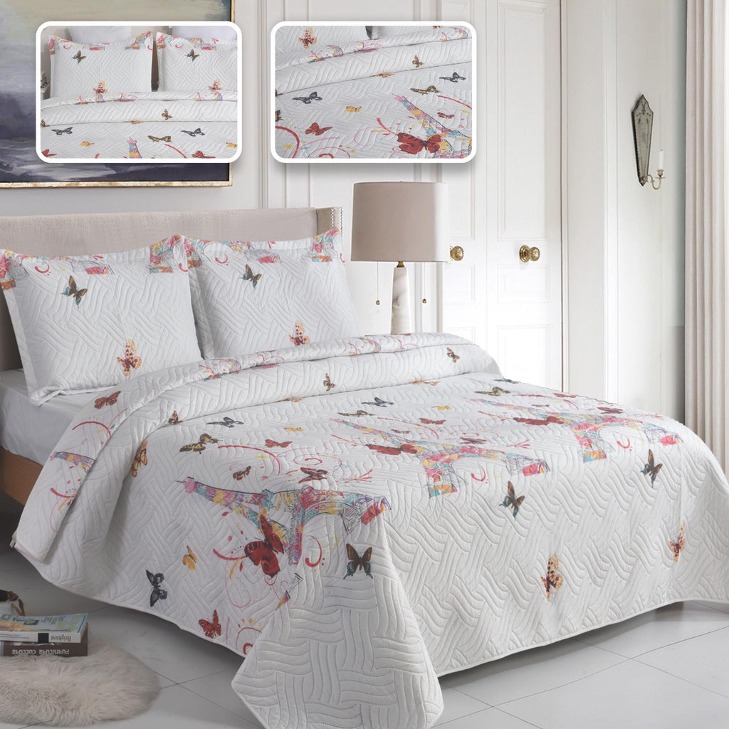 3 Piece Luxury Quilted Bedspread Set – Reversible Floral Patchwork Bedspread with Pillow Shams | Soft Microfibre Bed Throw for Double & King Size Beds