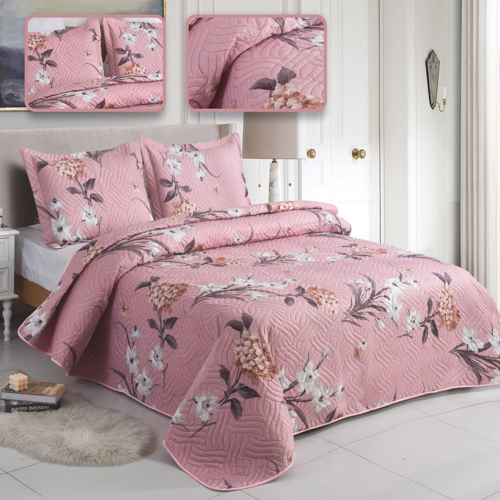 3 Piece Luxury Quilted Bedspread Set – Reversible Floral Patchwork Bedspread with Pillow Shams | Soft Microfibre Bed Throw for Double & King Size Beds