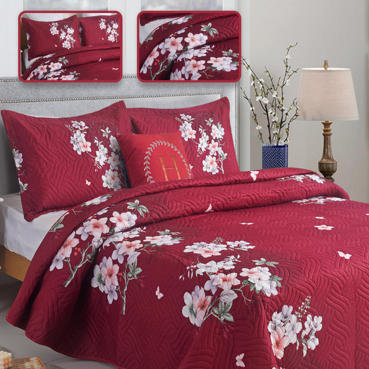 3 Piece Luxury Quilted Bedspread Set – Reversible Floral Patchwork Bedspread with Pillow Shams | Soft Microfibre Bed Throw for Double & King Size Beds