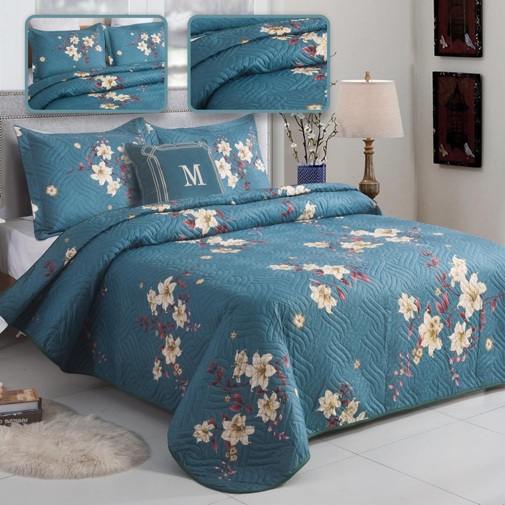 3 Piece Luxury Quilted Bedspread Set – Reversible Floral Patchwork Bedspread with Pillow Shams | Soft Microfibre Bed Throw for Double & King Size Beds