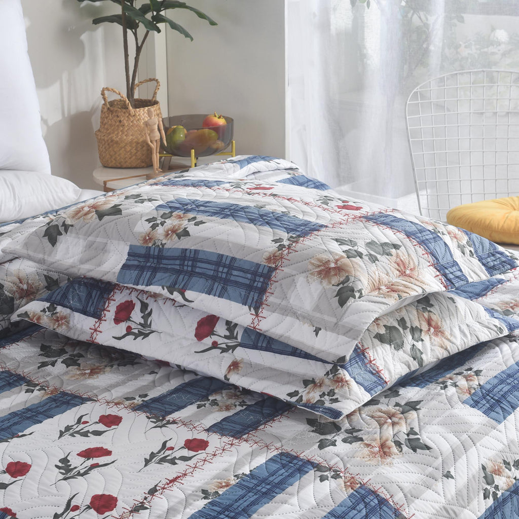 3 Piece Luxury Quilted Bedspread Set – Reversible Floral Patchwork Bedspread with Pillow Shams | Soft Microfibre Bed Throw for Double & King Size Beds