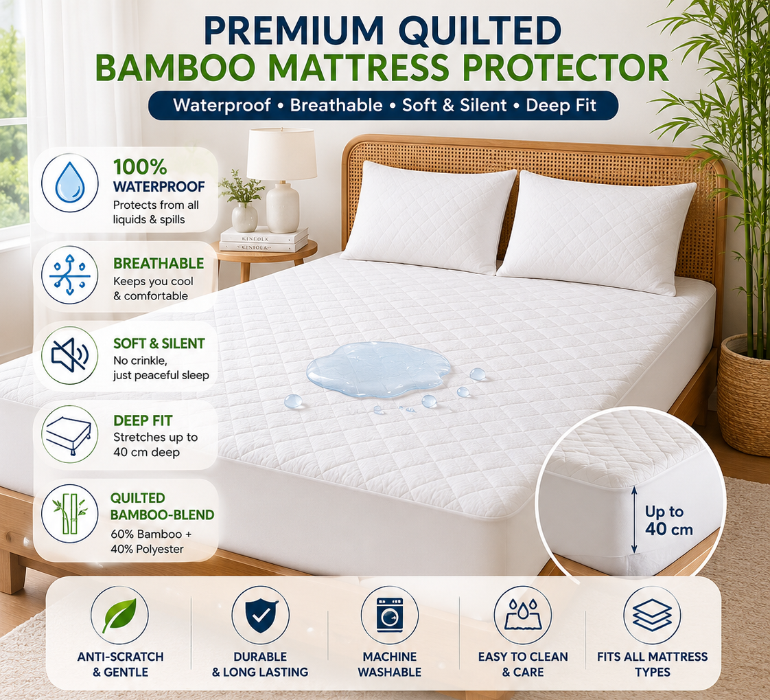 HADI LONDON Quilted Bamboo Waterproof Mattress Protector – 40cm Deep Fitted, Breathable & Silent | Single Double King Super King