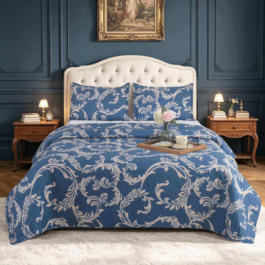 3 Piece Luxury Quilted Bedspread Set – Reversible Floral Patchwork Bedspread with Pillow Shams | Soft Microfibre Bed Throw for Double & King Size Beds
