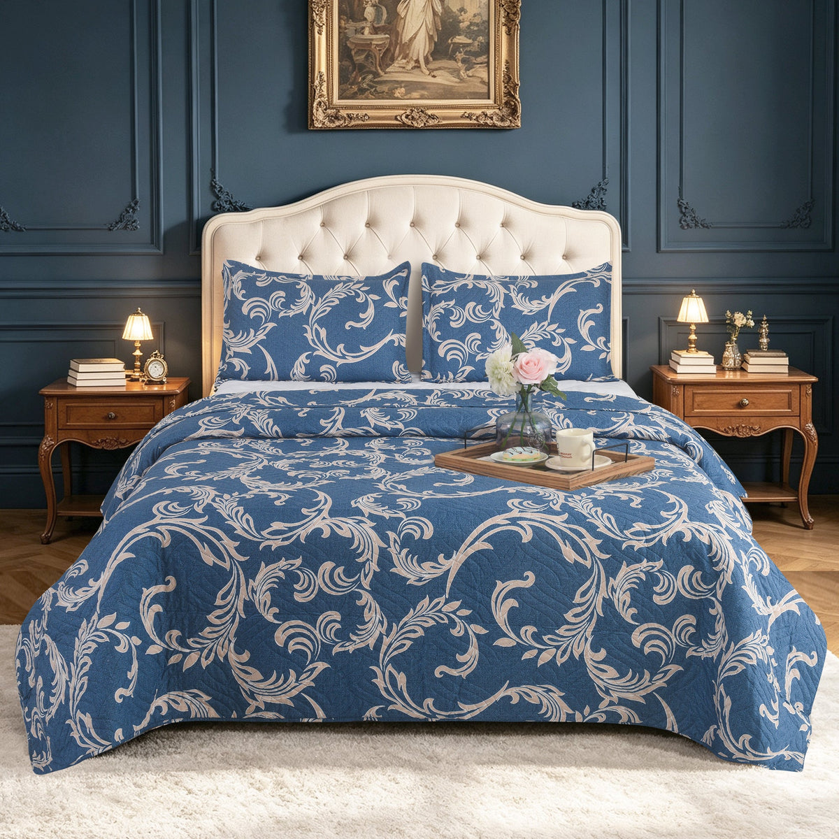 3 Piece Luxury Quilted Bedspread Set – Reversible Floral Patchwork Bedspread with Pillow Shams | Soft Microfibre Bed Throw for Double & King Size Beds