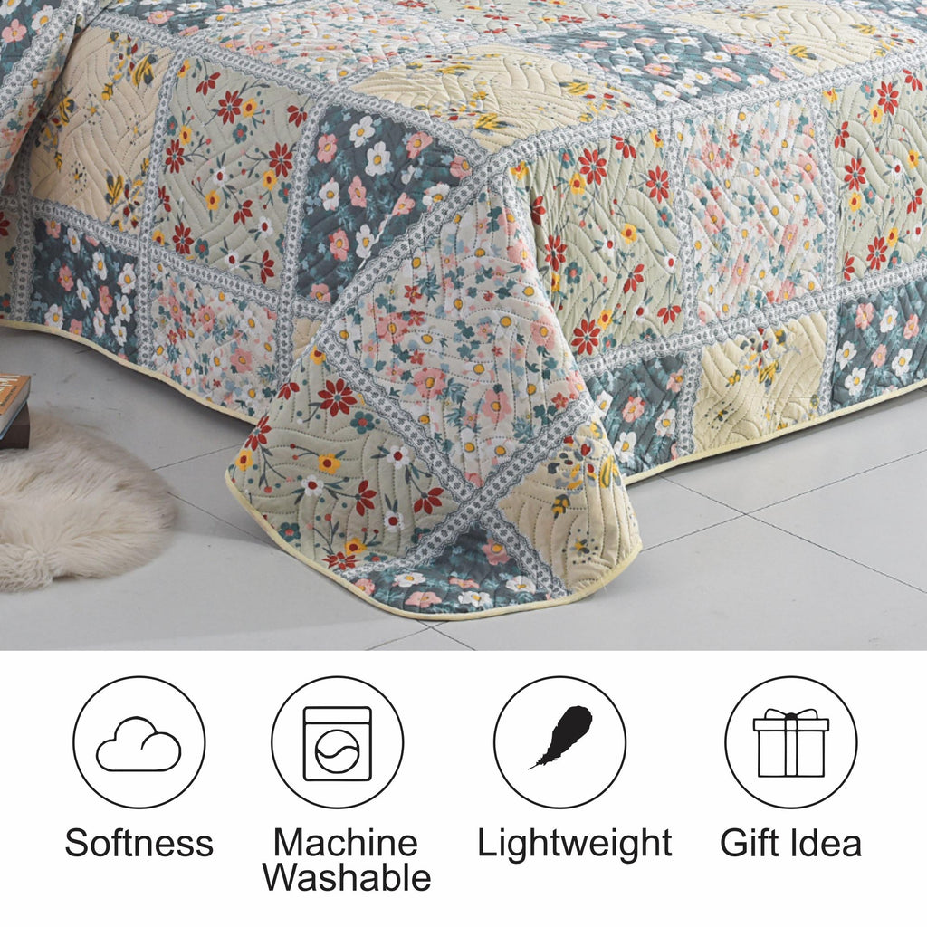 3 Piece Luxury Quilted Bedspread Set – Reversible Floral Patchwork Bedspread with Pillow Shams | Soft Microfibre Bed Throw for Double & King Size Beds