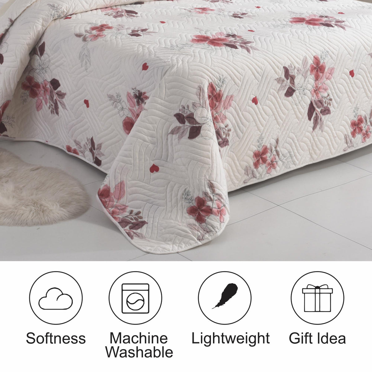 3 Piece Luxury Quilted Bedspread Set – Reversible Floral Patchwork Bedspread with Pillow Shams | Soft Microfibre Bed Throw for Double & King Size Beds